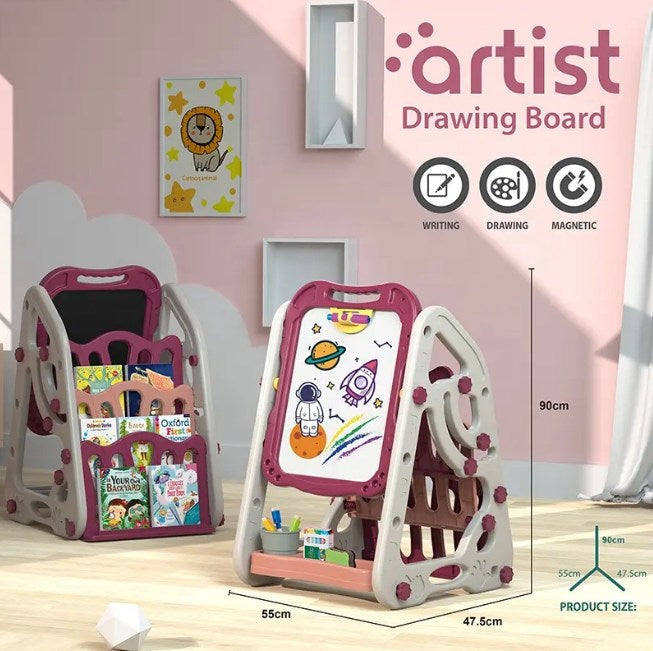 90cm Multi-functional Artistic Drawing Board With Book Shelf - Pink