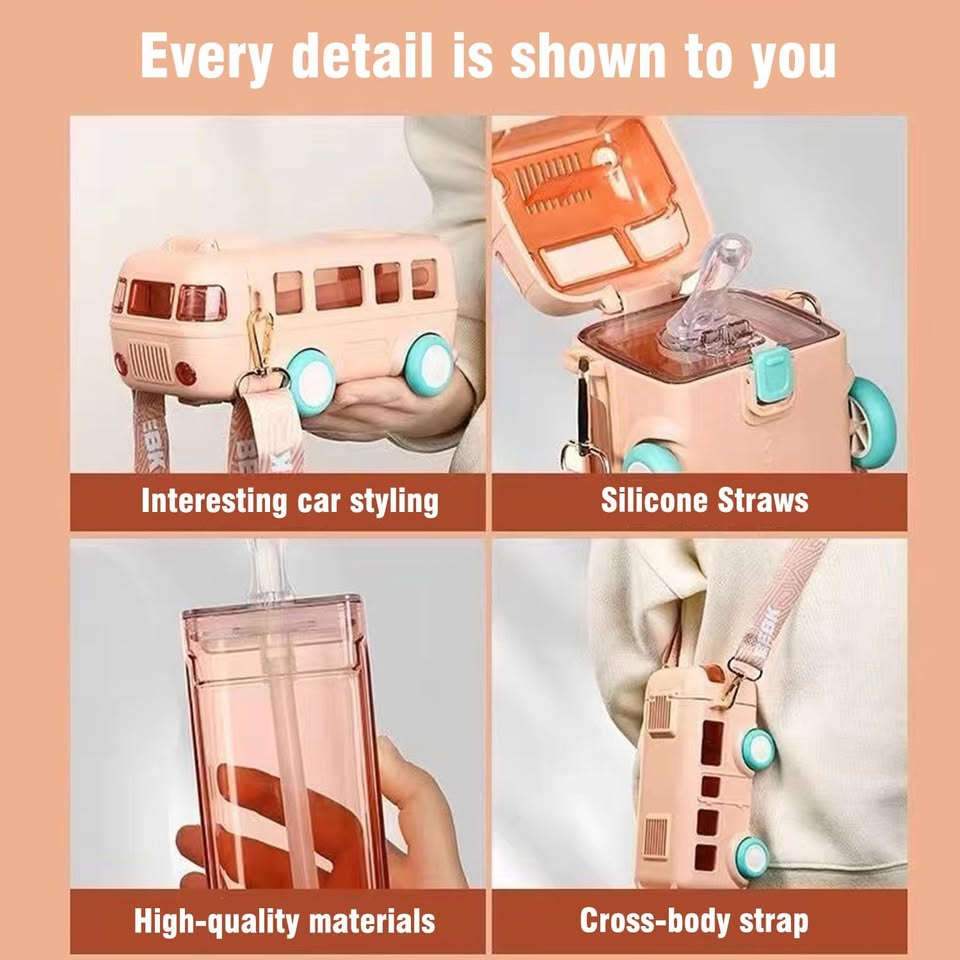 270gms 500ml Cute Bus Design Kids Water Bottle - Pink
