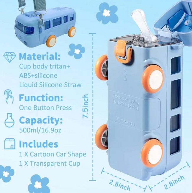 270gms 500ml Cute Bus Design Kids Water Bottle - Green/Blue