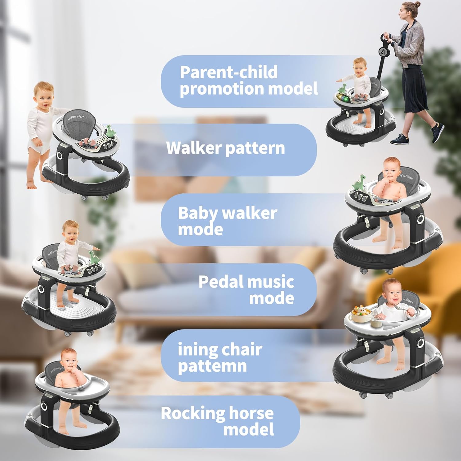 4in1 Multi-functional Baby Dino Musical Walker - Black