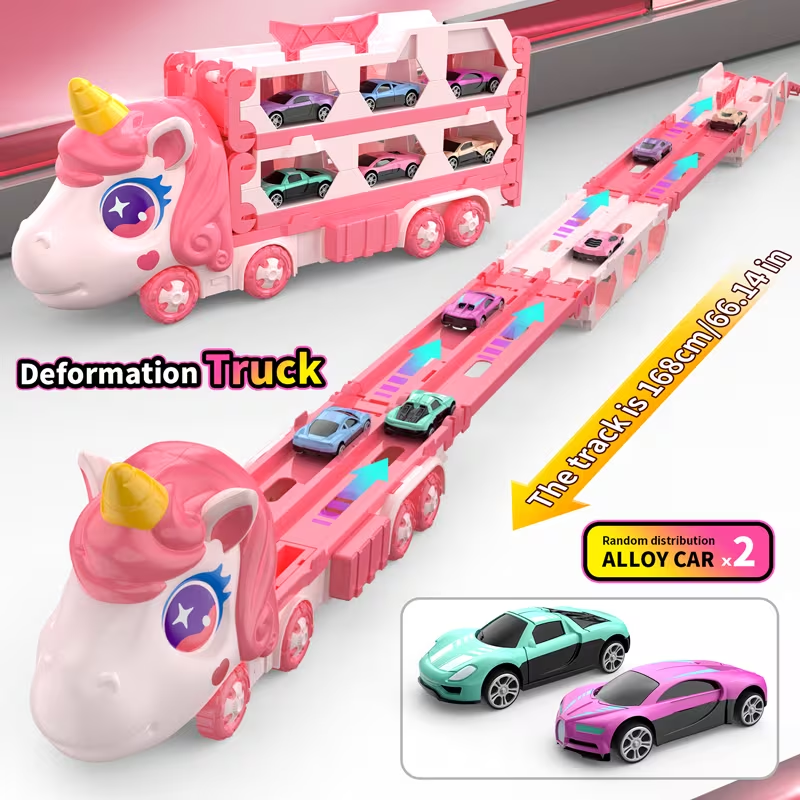 Foldable Unicorn Car Launcher Truck Track With 2Pcs Cars