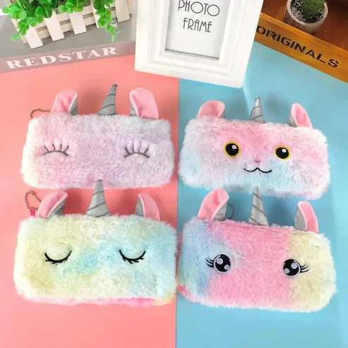 Plush Rainbow Fur Pencil Pouch - 1Pc