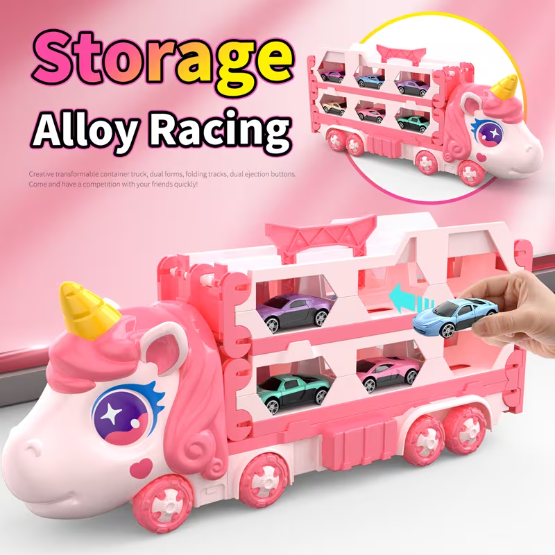 Foldable Unicorn Car Launcher Truck Track With 2Pcs Cars